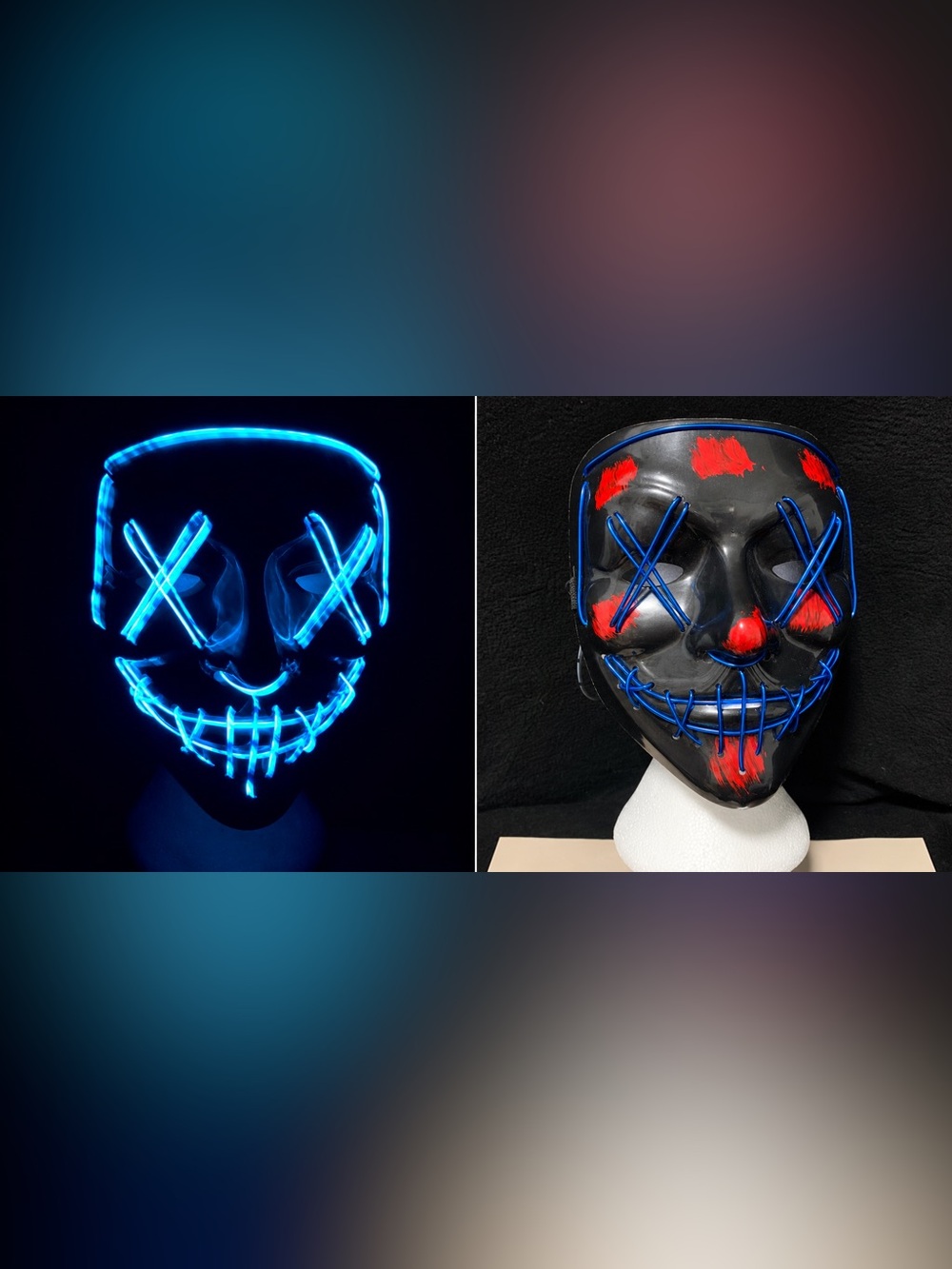 The Purge Inspired Light-Up Halloween Mask Blue EL Wire Red Splatter Accent